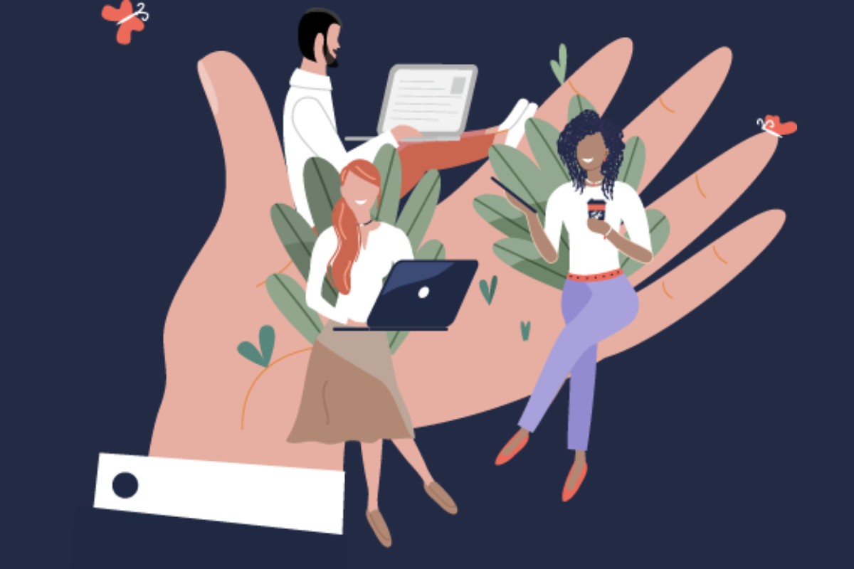 Illustration of a large hand supporting three people working and relaxing, symbolising wellbeing and support.